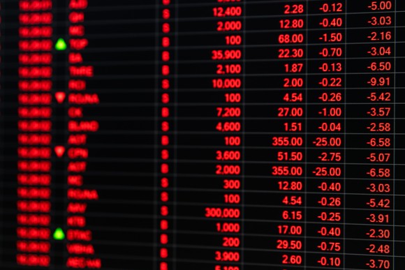 Screen showing falling prices in red with names of securities blurred.