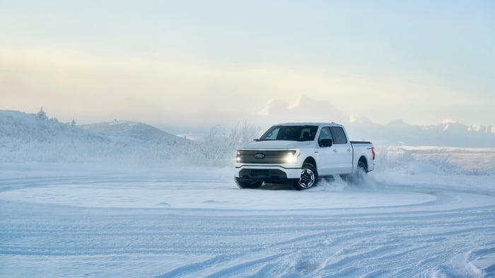 A pickup truck in the snow.