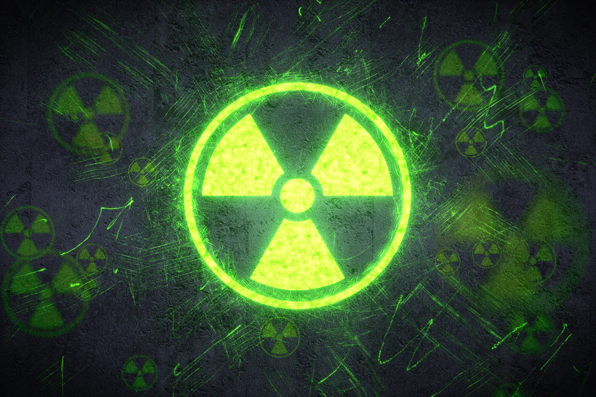 A glowing green radiation hazard symbol in the center, with similar symbols dotting the background. 