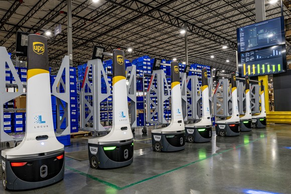Automated sorting robots in a UPS warehouse. 