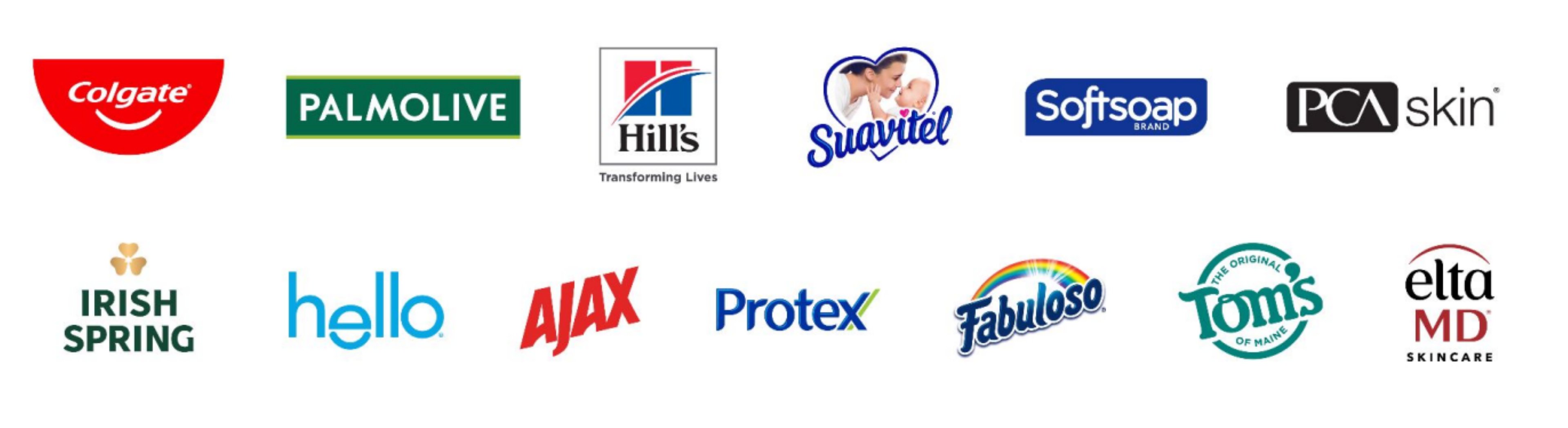 A picture from a slideshow shows CL's brands and their logos, including: Colgate, Palmolive, Hill's, Suavitel, Softsoap, PCAskin, Irish Spring, Hello, Ajax, Protex, Fabuloso, Tom's, and Elta MD.