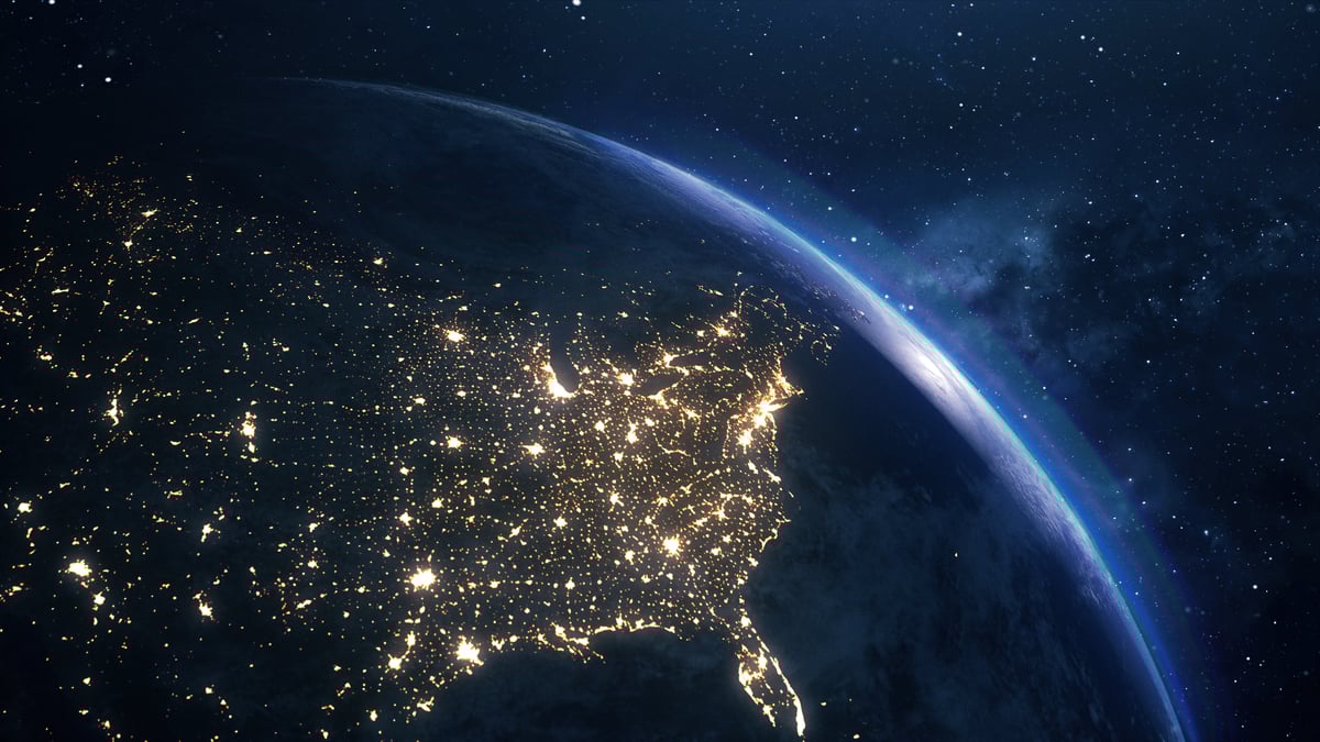 A view of North America lit up at night from space. 