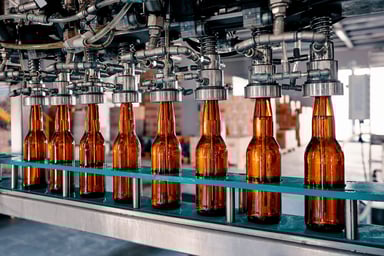 beer bottles filled by machine at brewery
