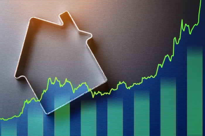 The outline of a house atop a rising chart.