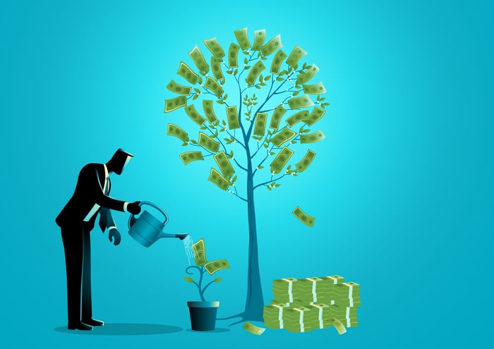 Illustration of a man watering a tree made of cash.