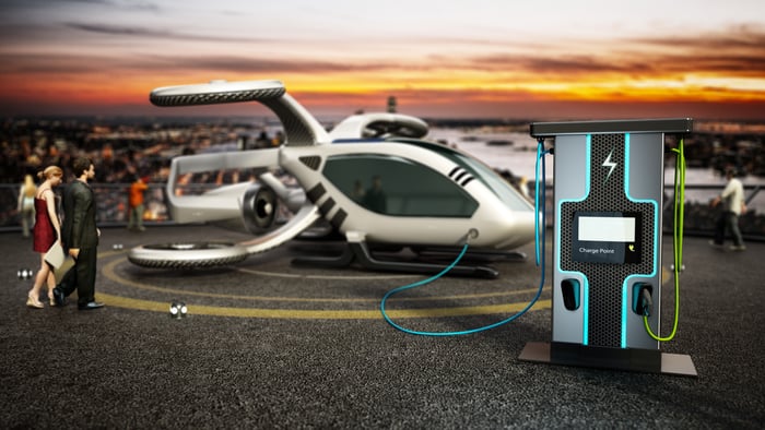 A flying taxi recharging its battery. 