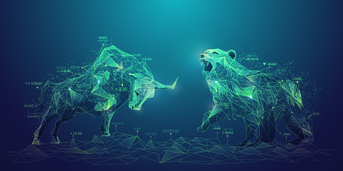 Image of a bear and bull on a blue background.