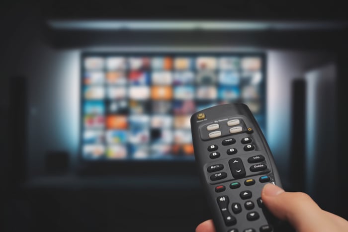 Right hand holding remote pointed at TV.