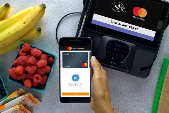 Contactless checkout with Mastercard on smartphone.