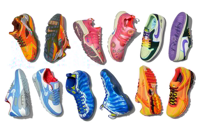 6 different pairs of brightly colored Nike shoes on white background.