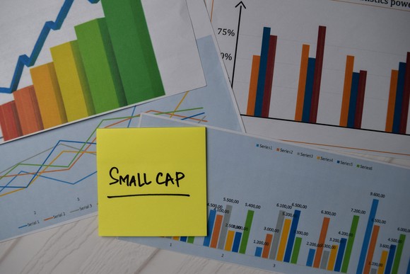 A sticky note with "Small Cap" written on it sitting on top of papers with graphs.