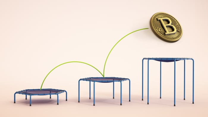 A Bitcoin bouncing higher on trampolines.