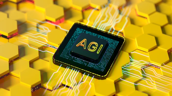 A computer chip with a yellow background that says "AGI" on top of it. 