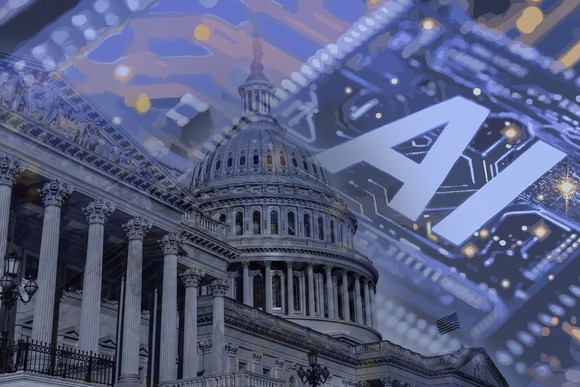 Stylized image of AI superimposed behind U.S. Capitol dome. 