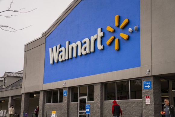 A Walmart store with the company Walmart logo.