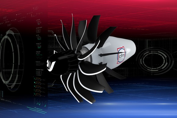 An open fan engine with the CFM logo.
