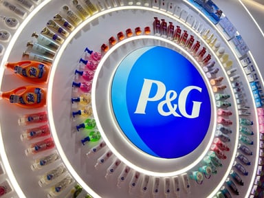 Procter & Gamble products on a wall-mounted display. 