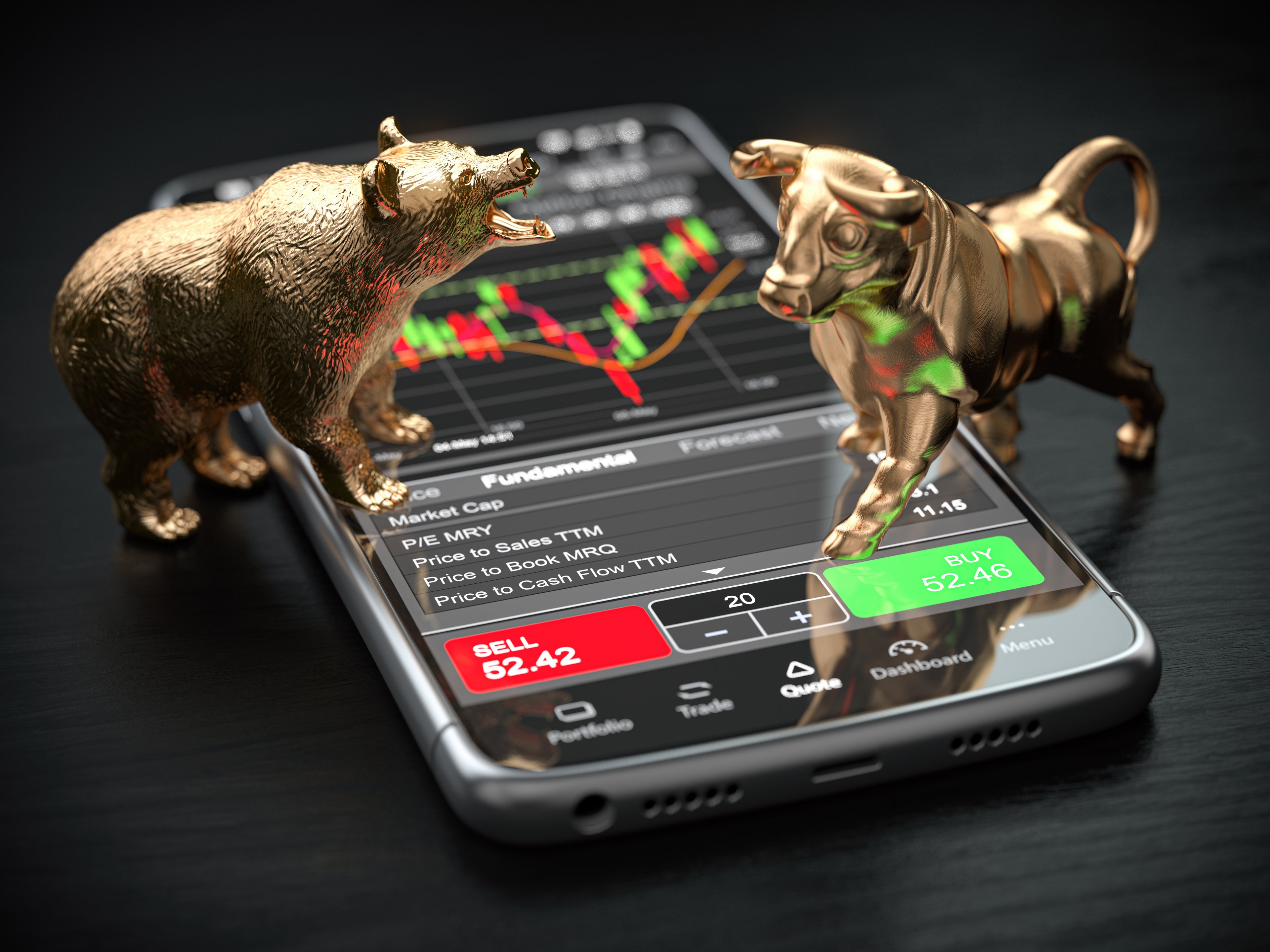 Bull and bear trading stocks on a phone.