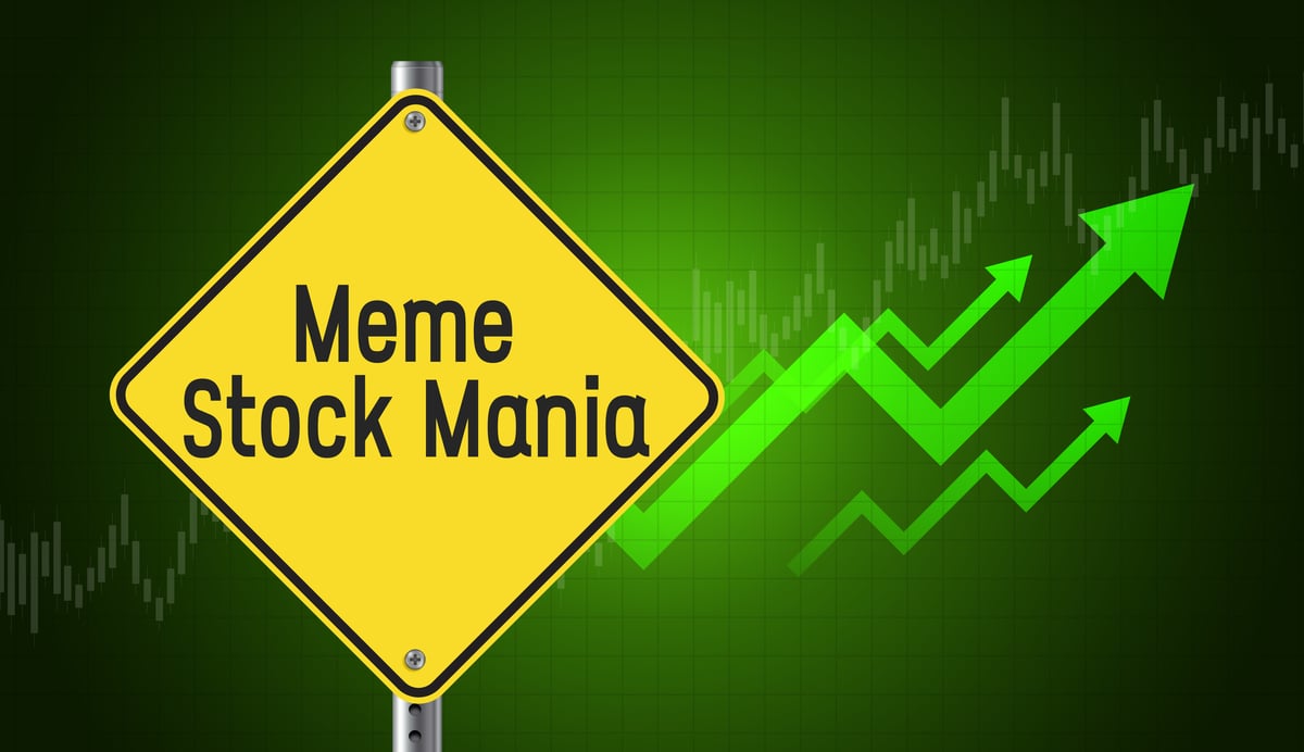 A sign reads "Meme Stock Mania" in front of green upward arrows.