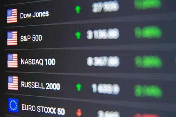 Board showing a stack of five stock market indexes.