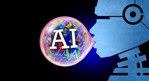 Human blowing a bubble with AI inside, representing an AI stock bubble. 