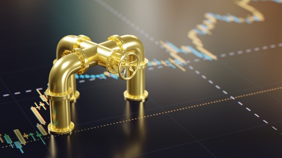 Oil pipelines placed on a screen with a rising stock chart.