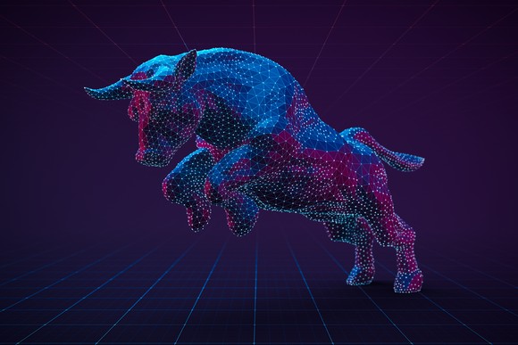 A digital render of a jumping bull.