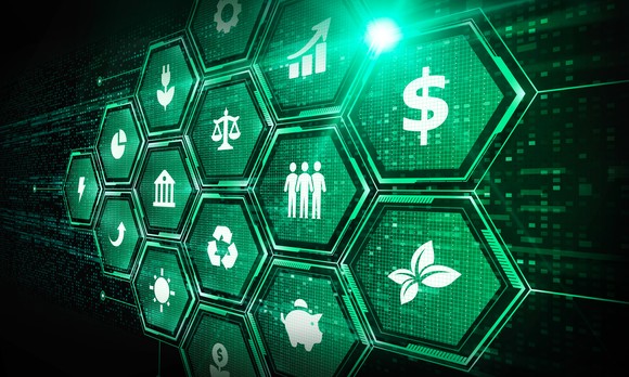 A grid of icons including a dollar sign, leaf, people, and recycling symbol.