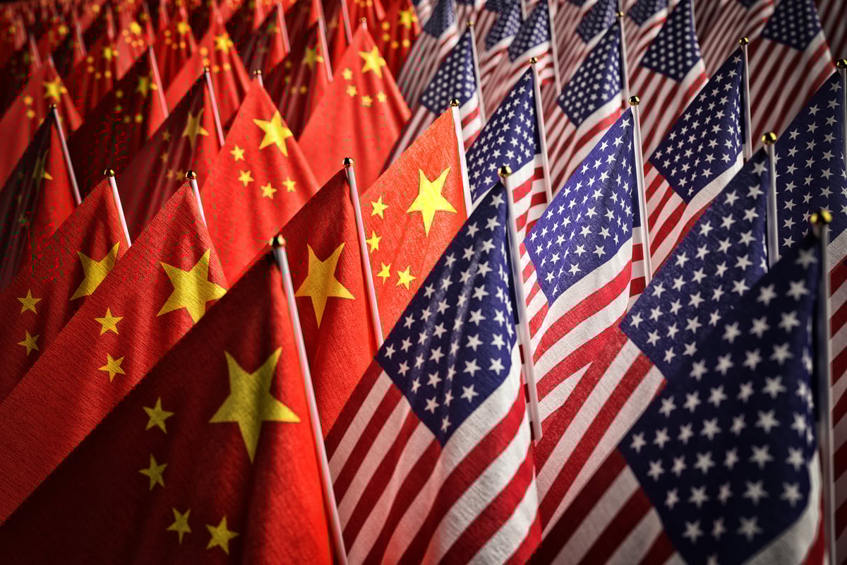 American and Chinese flags. 