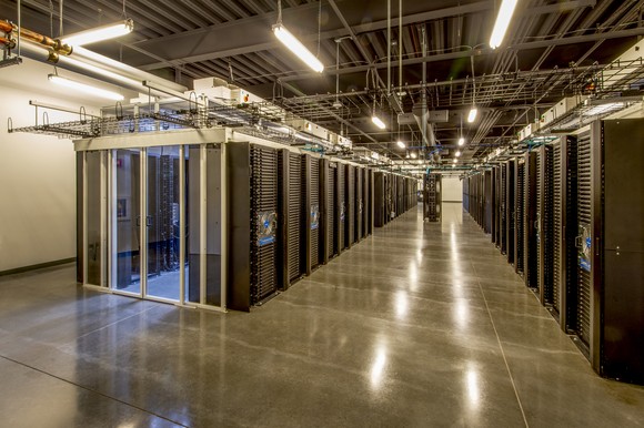 Rows of servers in a data center.