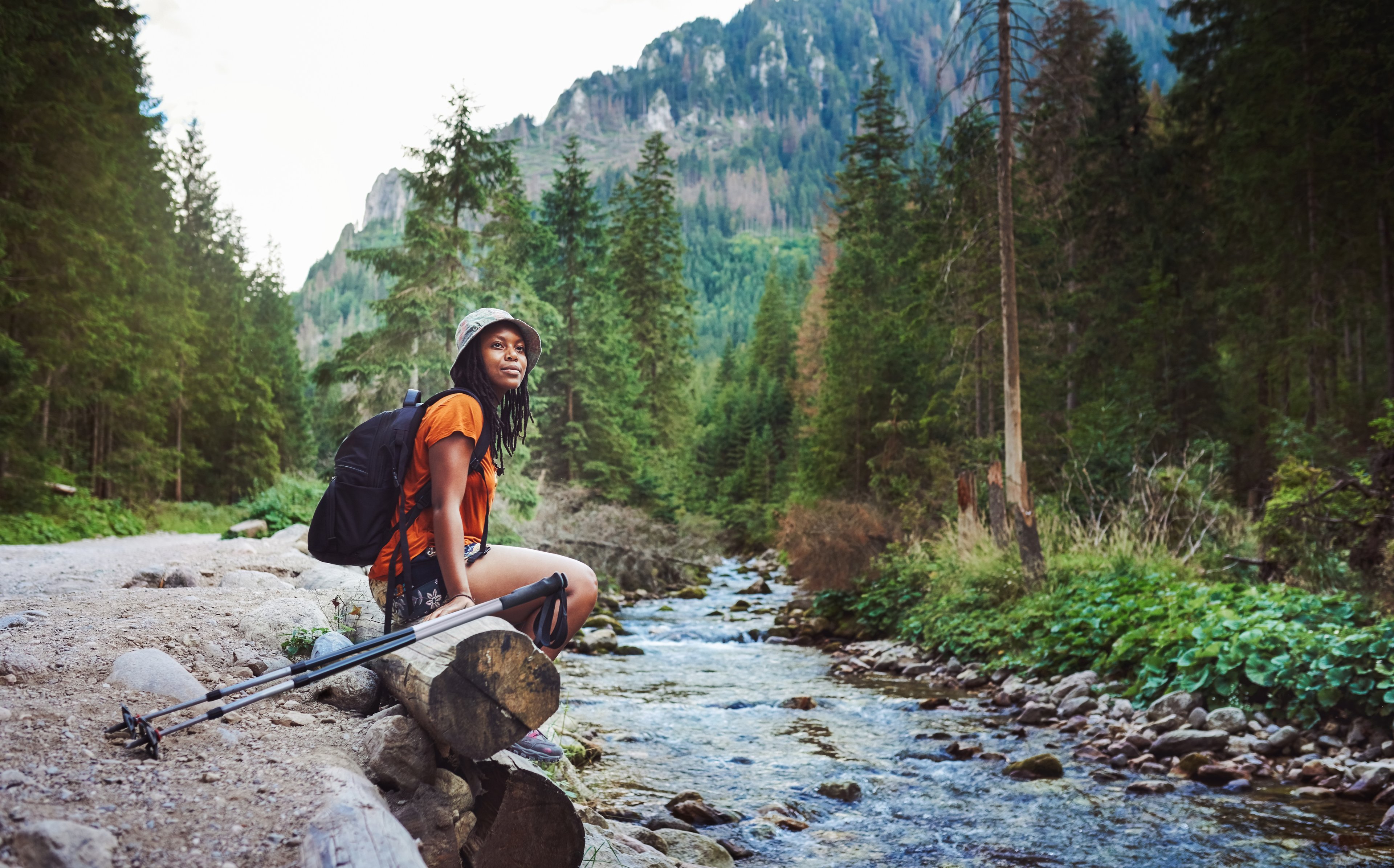 A adventurer sits on a ledge next to a stream while in a mountainous forest setting.