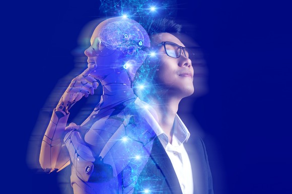 Person and AI machine, thinking together.