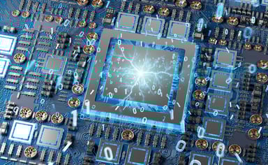 digital  lighting sparks at center of microchip.