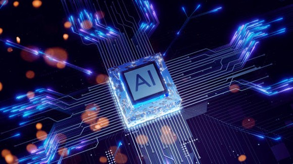 A digital rendering of a blue computer chip labeled AI.