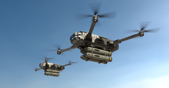 Two drones in the air.