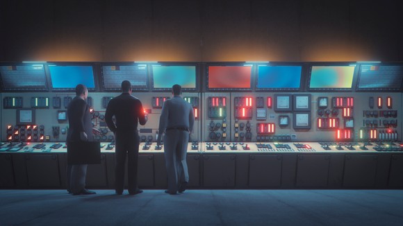 The inside of a nuclear reactor's control room. 