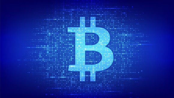 Bitcoin logo in blue.