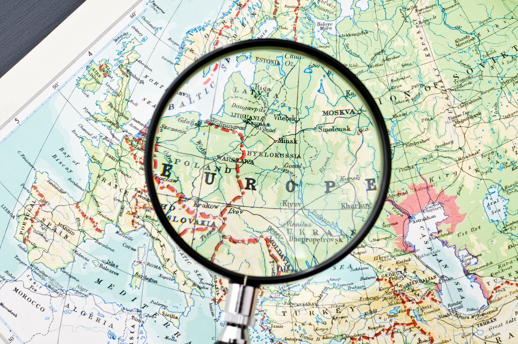 Map of Europe under a magnifying glass