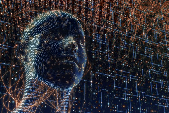 Robot superimposed on digital background with software code.