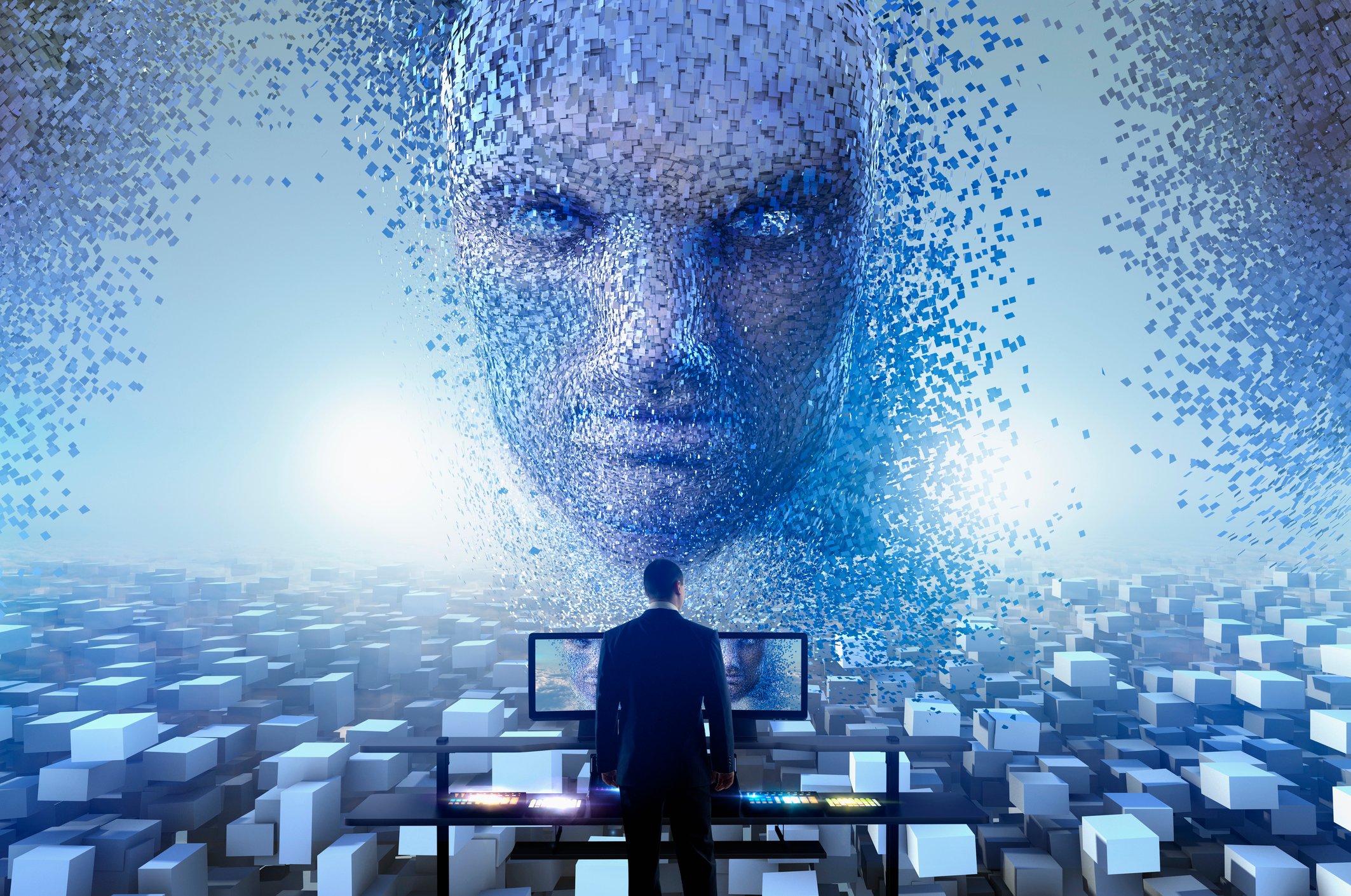 AI face looming over a man at a computer screen