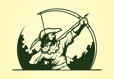 Robinhood pointing his bow and arrow at the sky