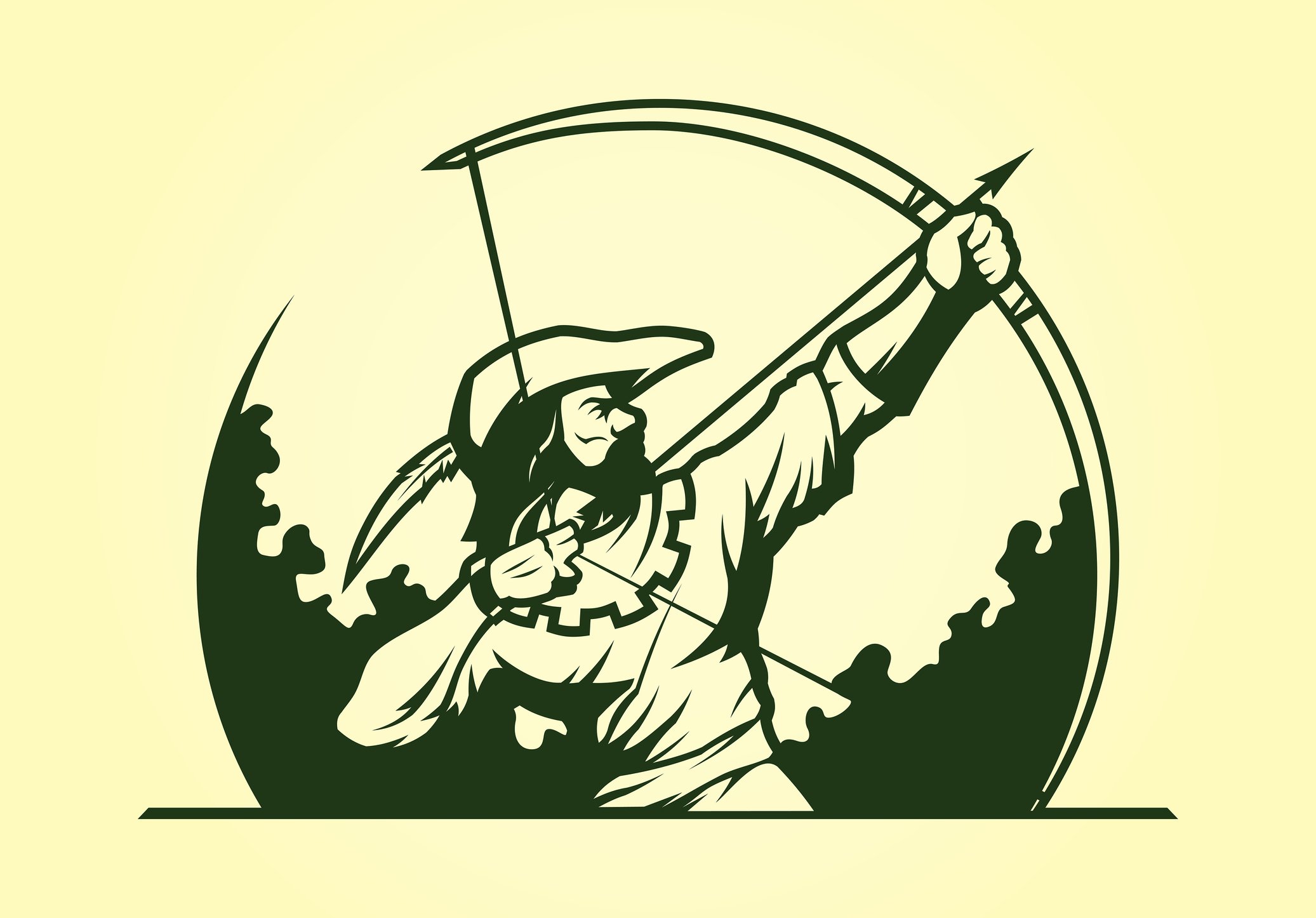 Robinhood pointing his bow and arrow at the sky