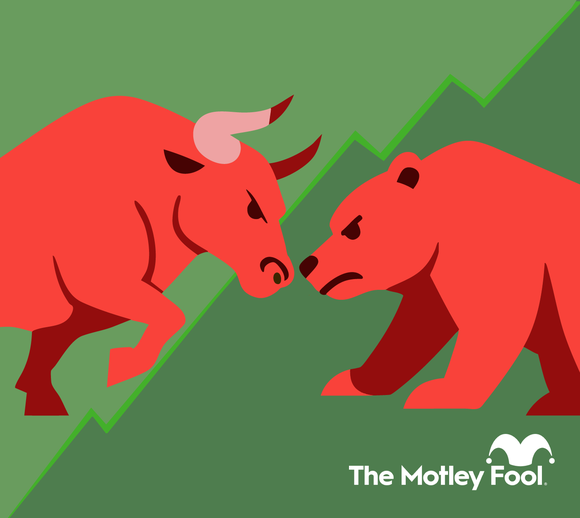 A bull and a bear facing each other on a green backdrop with an upward-sloping line.