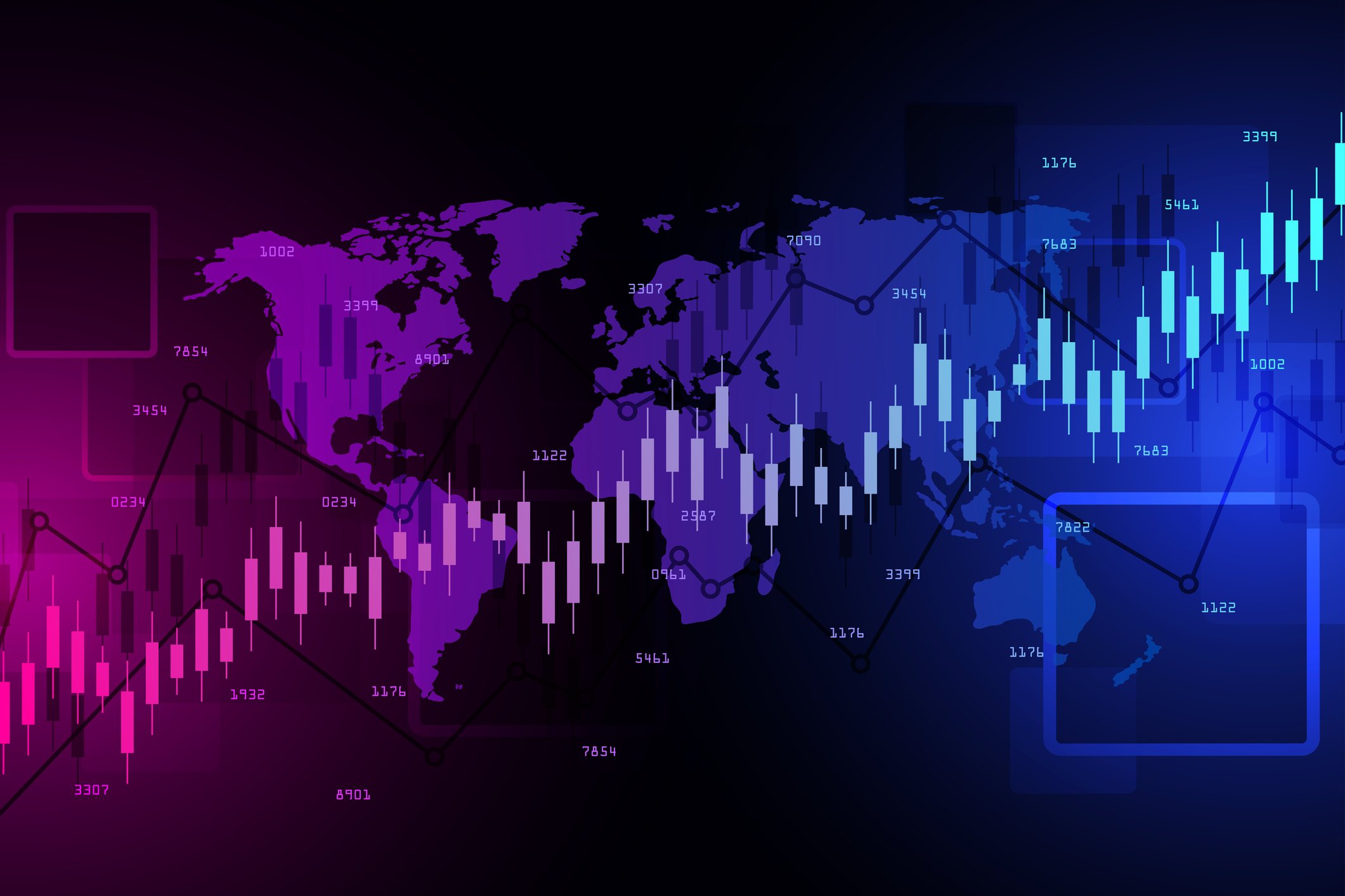 An upward-trending bar chart overlaid on a world map shown in shades of blue and violet.