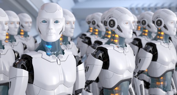 Humanoid robots lined up.