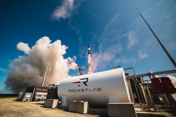Rocket Lab's launch vehicle taking off from the launchpad. 