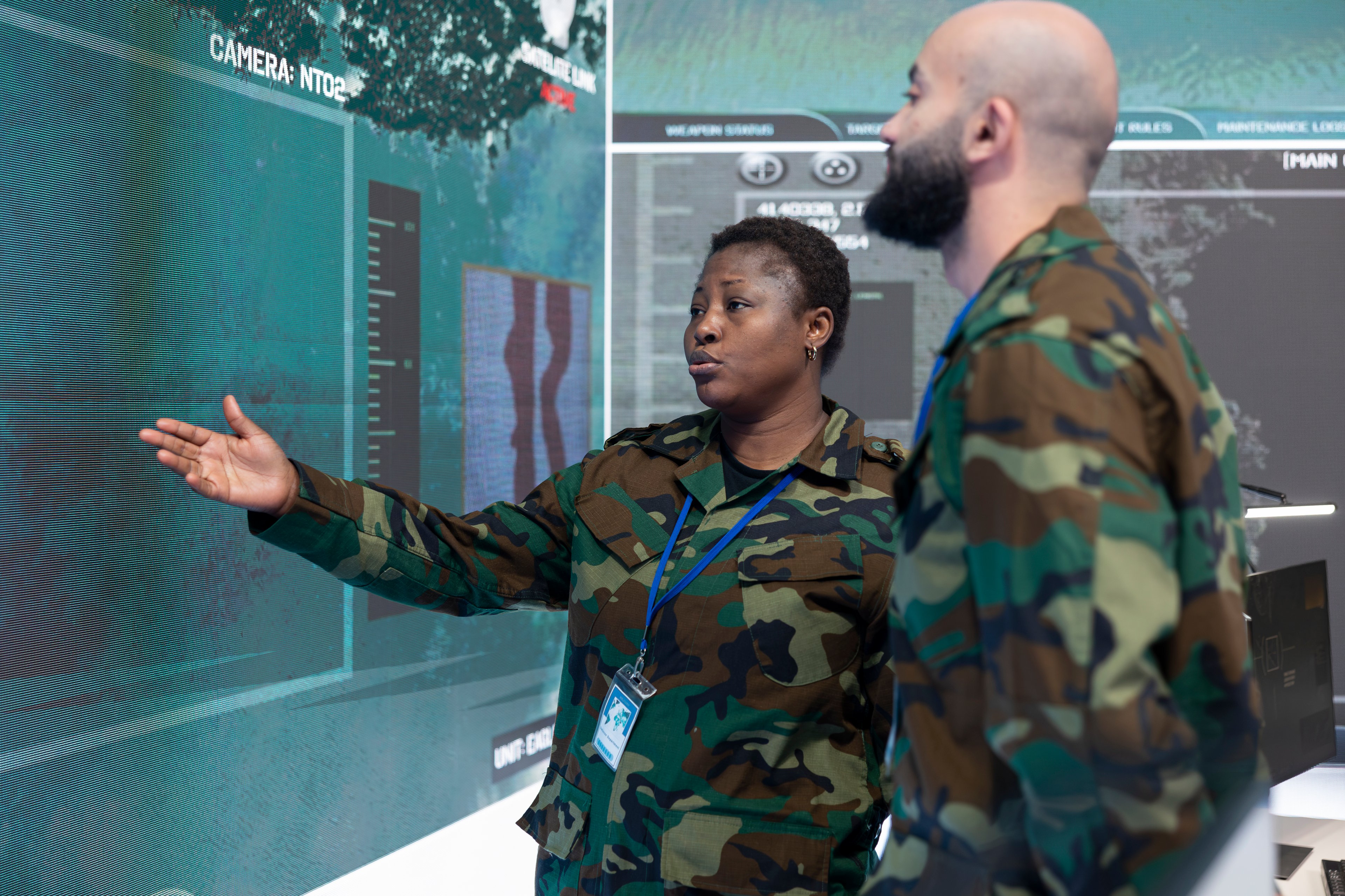 U.S. soldiers reviewing strategy plans at the Pentagon.
