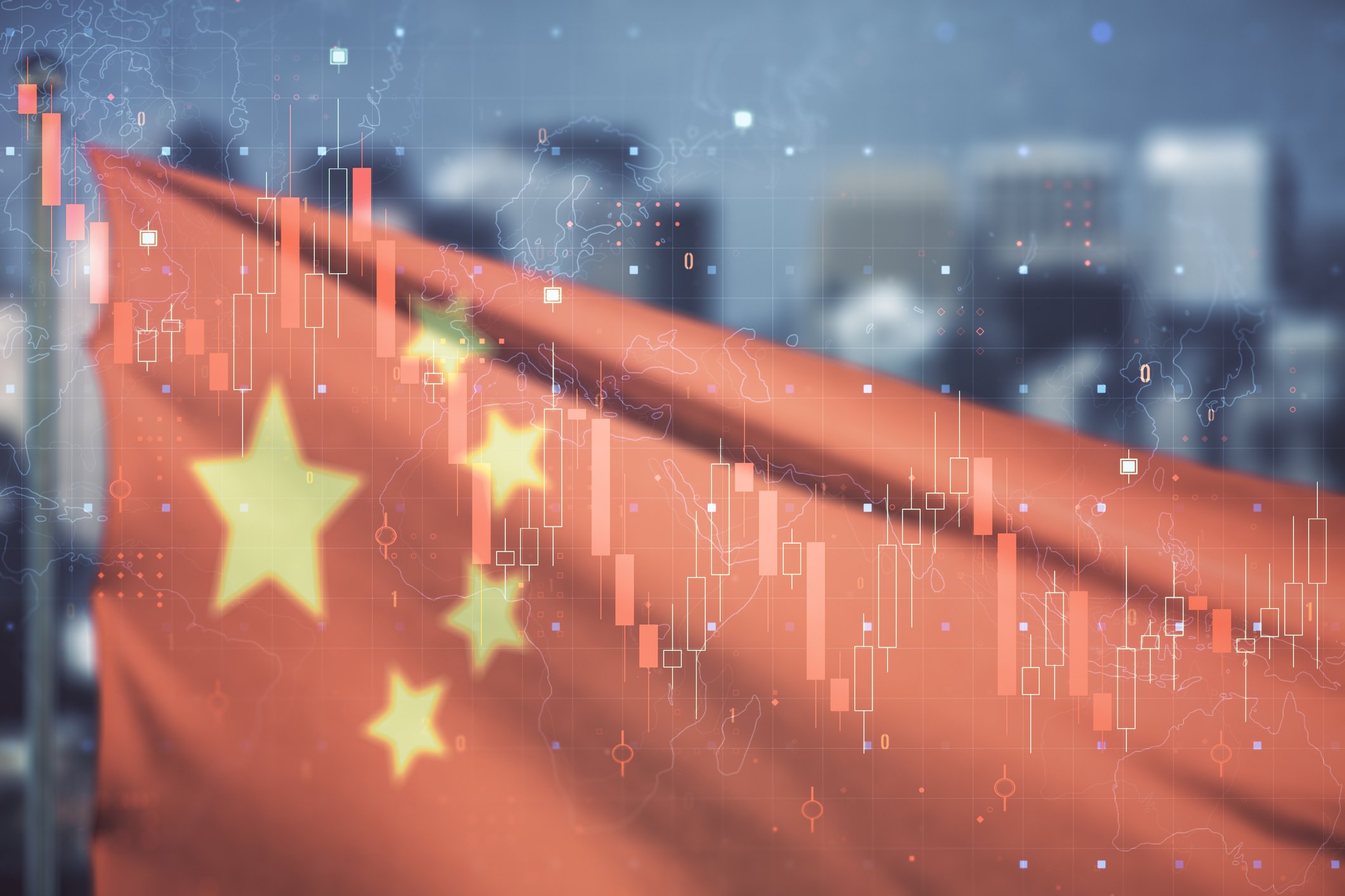 a stock chart with a Chinese flag