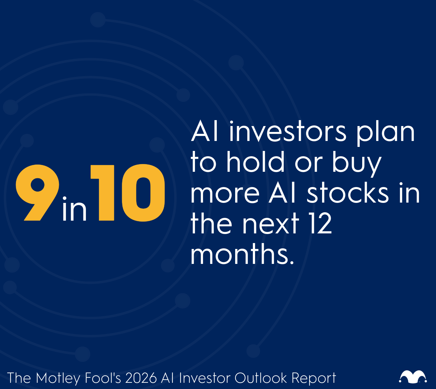 An AI report clip showing that 9 in 10 AI investors plan to hold or buy more AI stocks in the next 12 months.