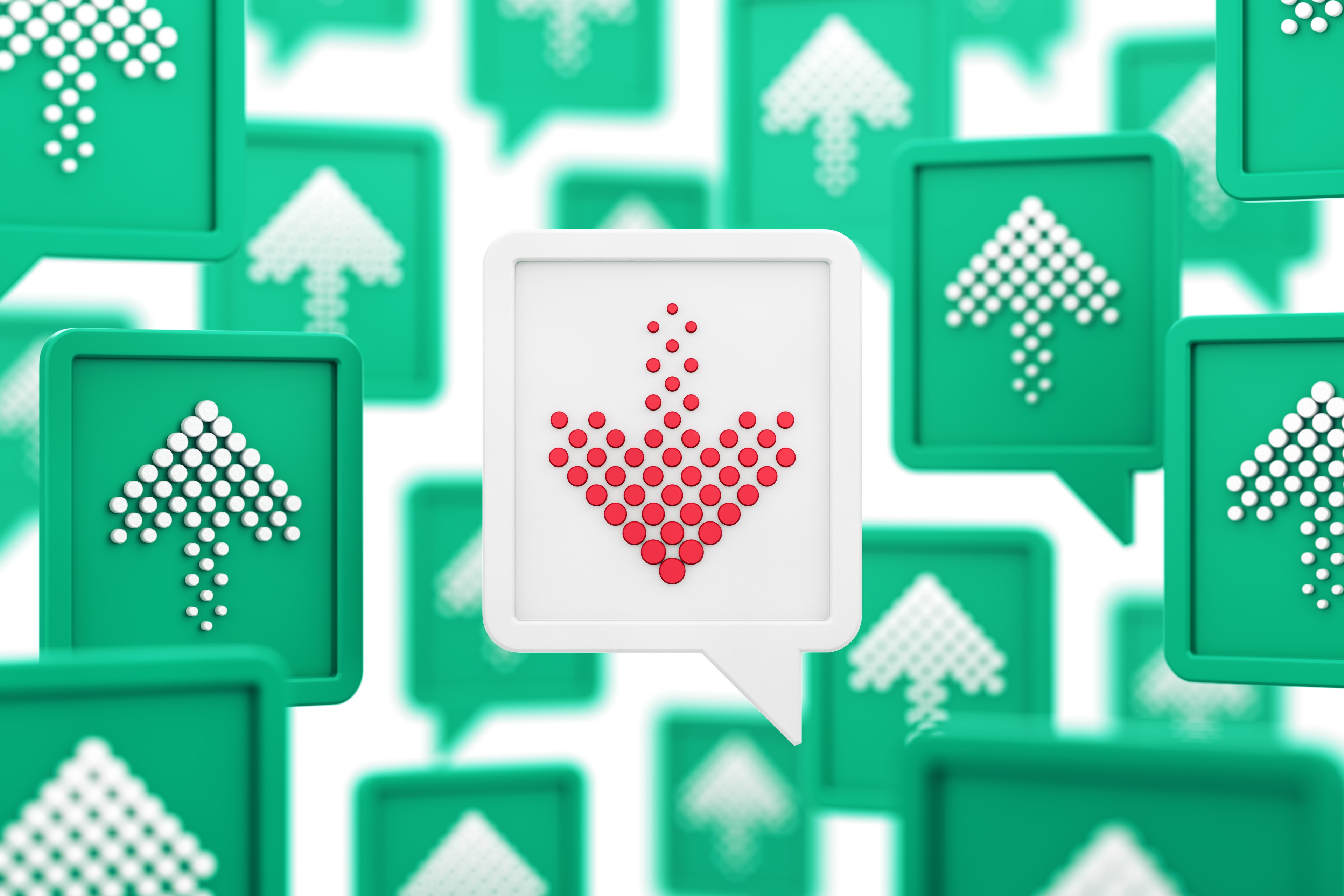 Numerous white arrows pointing up on green squares sit in the back drop, with a red arrowing pointing down on a white square, front and center.